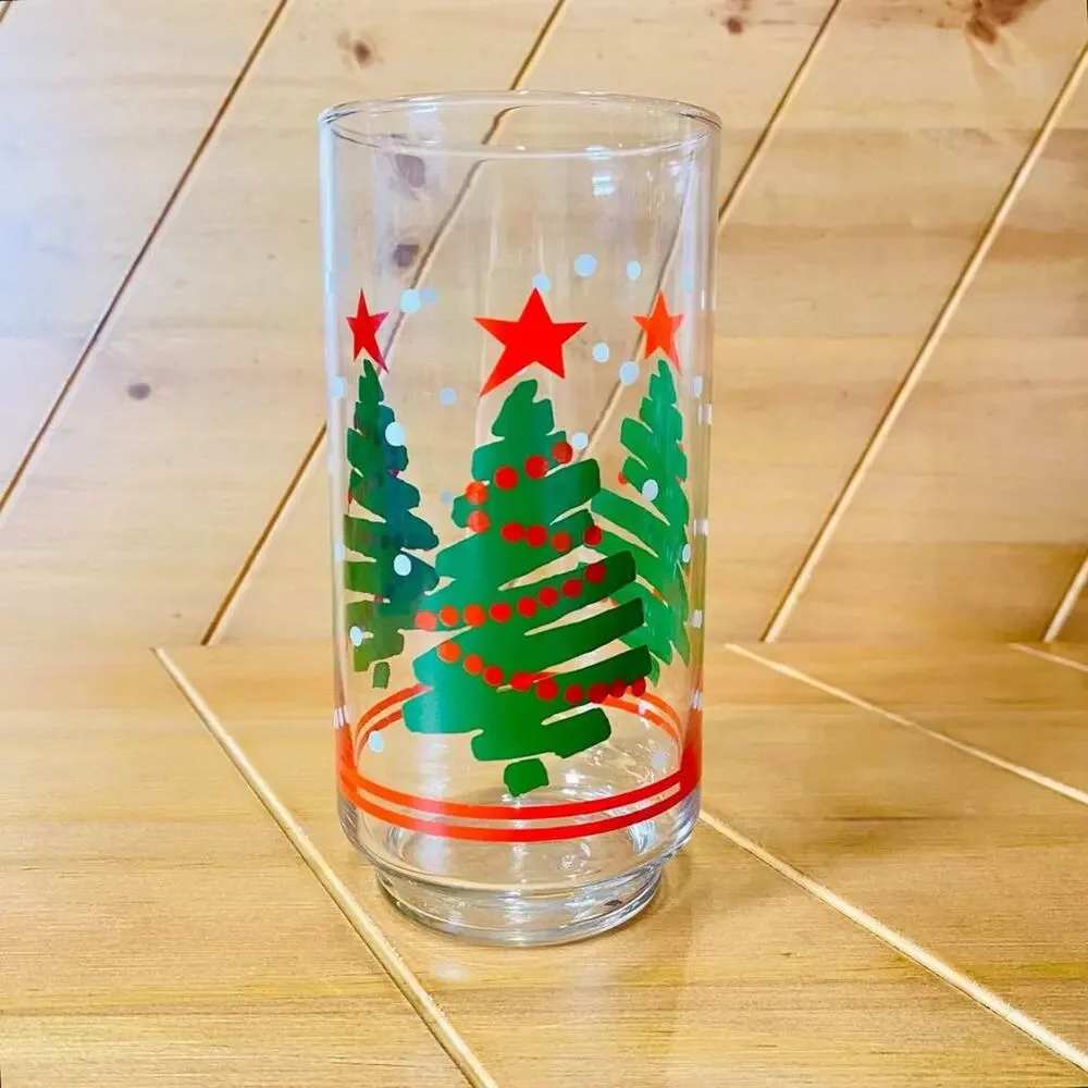 Vintage Libbey Holiday Glasses Set Of 4 Christmas Trees Glassware Tumblers Green
